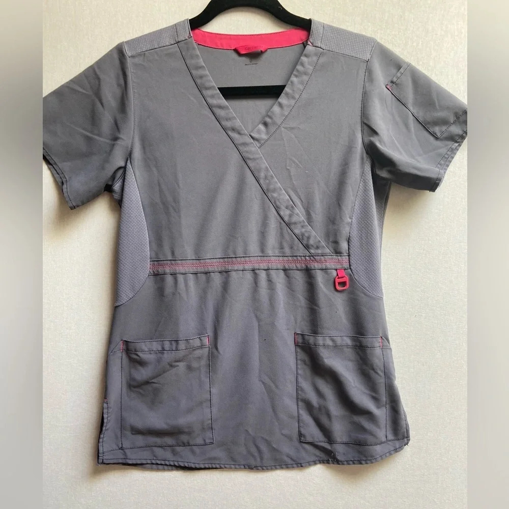 Carhartt Force Cross Flex Scrub Top Dark Gray Pink V Neck Size S